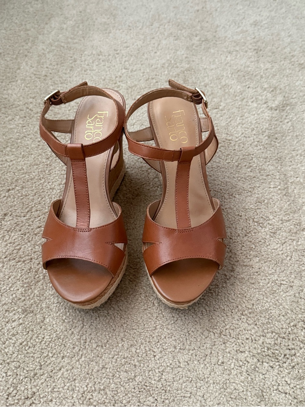 Franco Sarto Brown Leather Cork Wedge Sandals Women’s Size 8.5